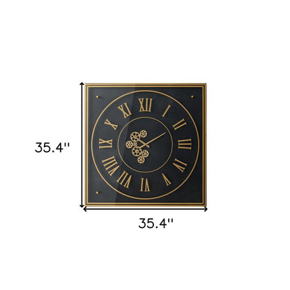 35" Black And Gold Glass And Metal Exposed Gear Square Wall Clock