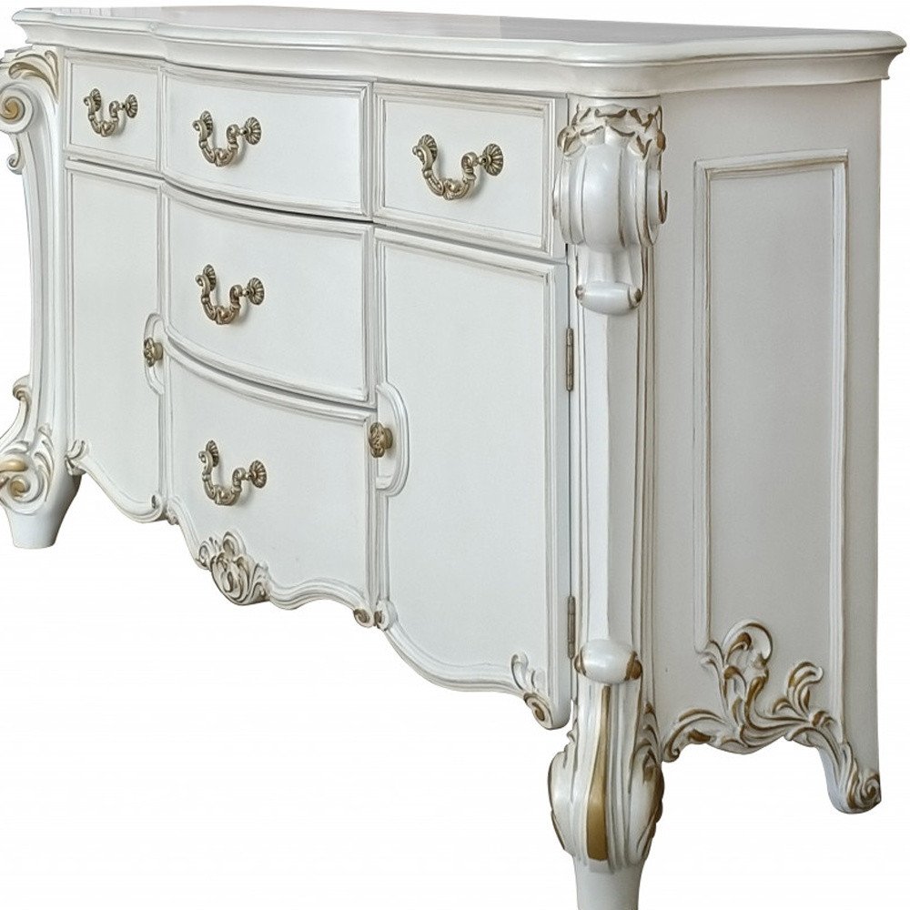 Cómoda triple de cinco cajones de madera maciza y manufacturada color perla de 71"