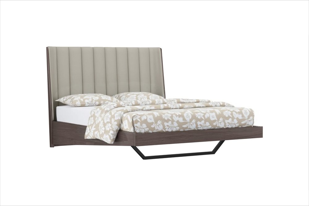 Estructura de cama Queen tapizada en piel sintética gris y brillo marfil