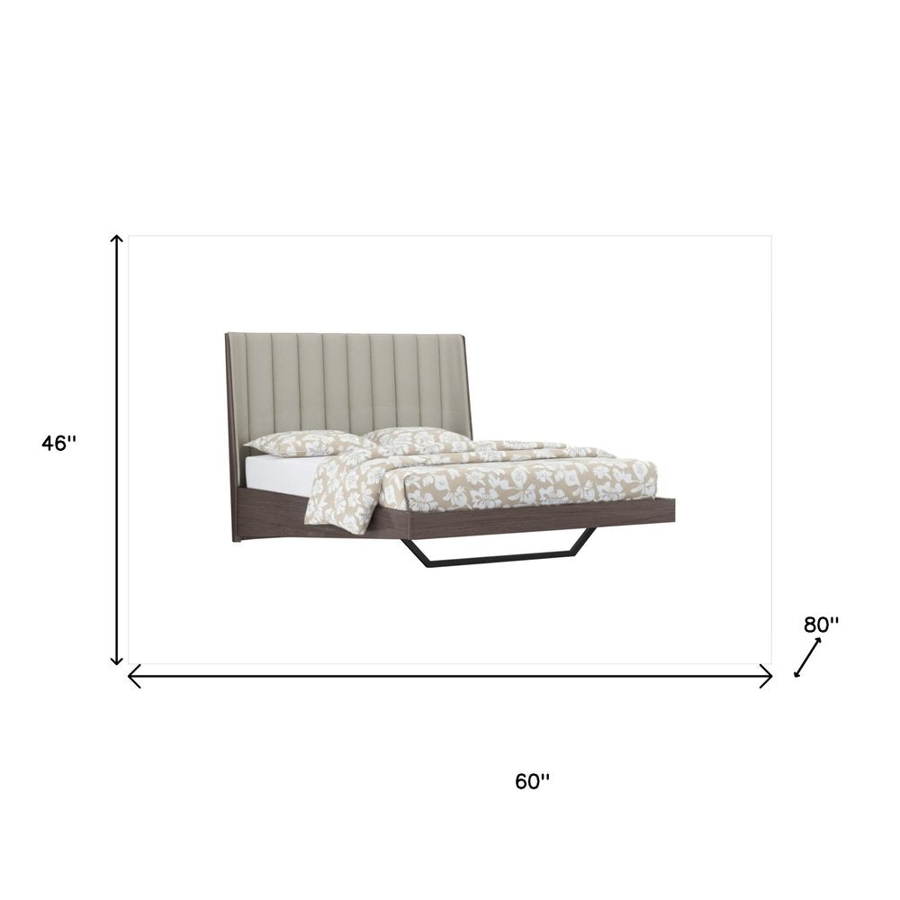Estructura de cama Queen tapizada en piel sintética gris y brillo marfil