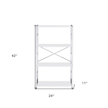 Librería de cuatro niveles de madera y metal blanco y plateado de 42"