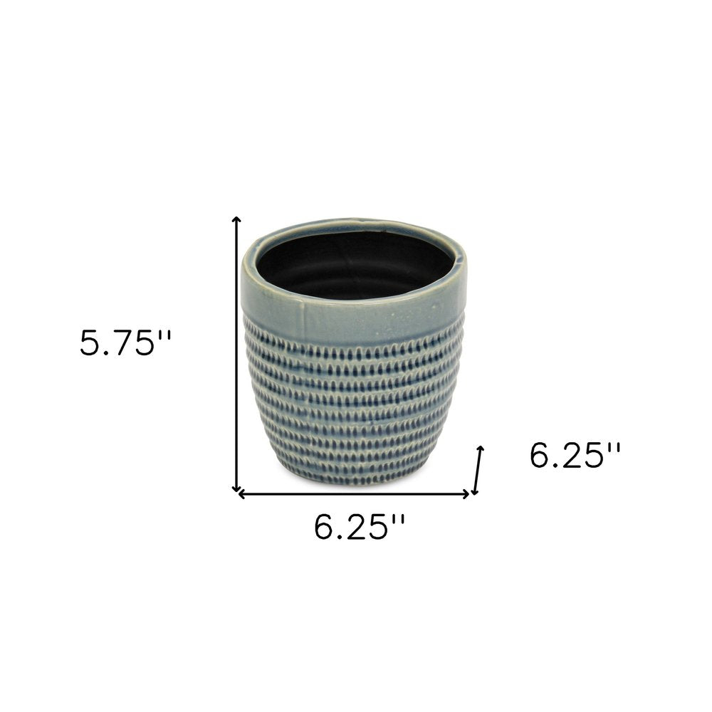 Maceta redonda de cerámica con rayas color aguamarina de 6" para interior y exterior
