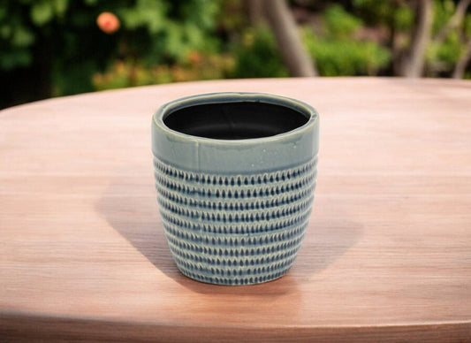 Maceta redonda de cerámica con rayas color aguamarina de 6" para interior y exterior