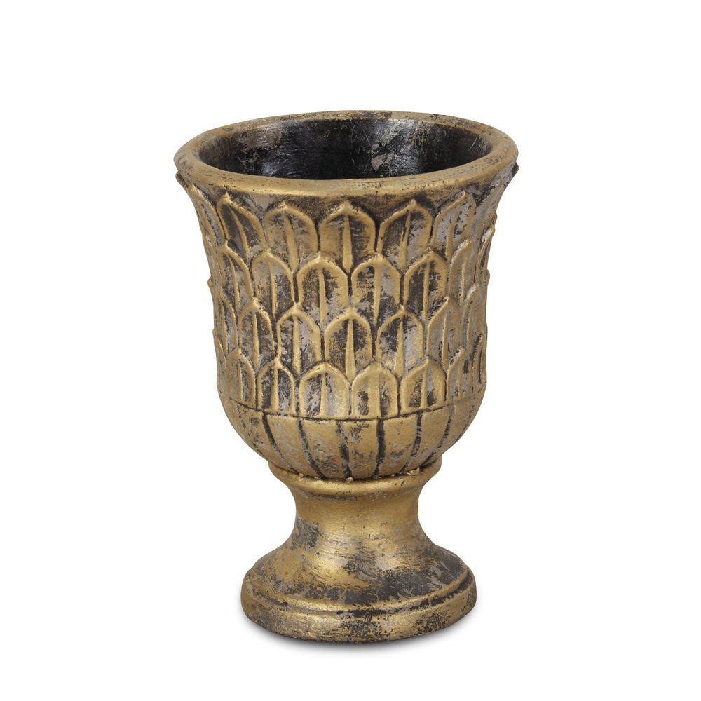 Maceta redonda de 18 cm con textura de latón envejecido, de cemento, para interior y exterior.