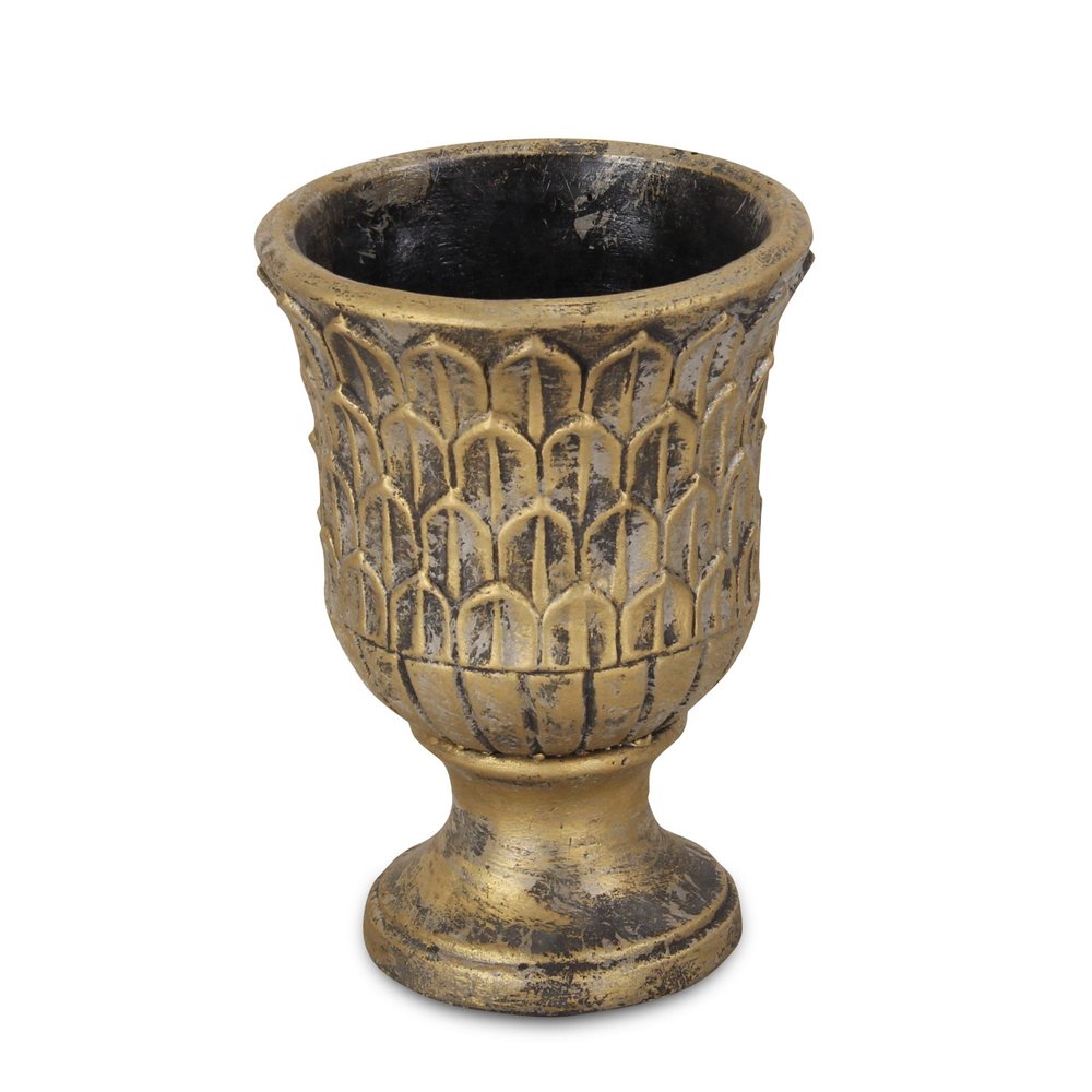 Maceta redonda de 18 cm con textura de latón envejecido, de cemento, para interior y exterior.