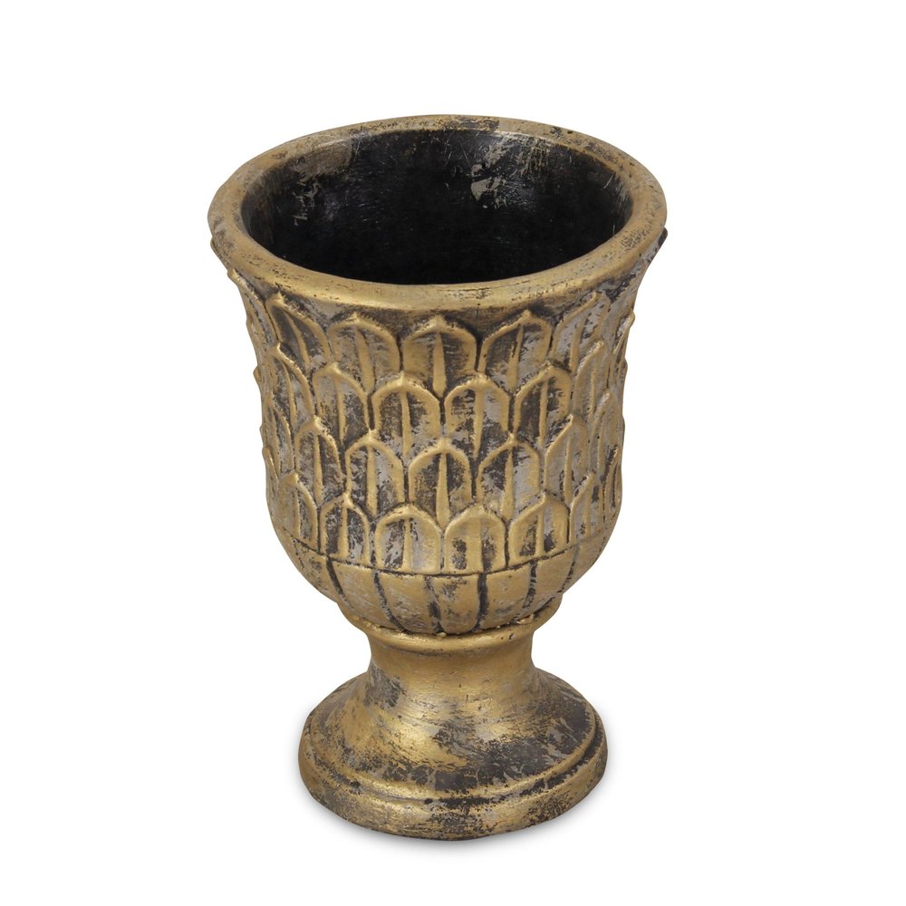 Maceta redonda de 18 cm con textura de latón envejecido, de cemento, para interior y exterior.