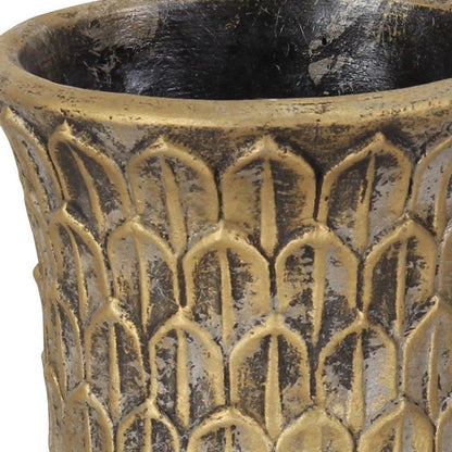 Maceta redonda de 18 cm con textura de latón envejecido, de cemento, para interior y exterior.