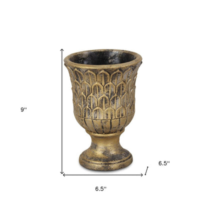 Maceta redonda de 18 cm con textura de latón envejecido, de cemento, para interior y exterior.
