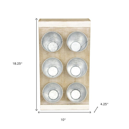 Set of Six Natural And Silver Metal And Wood 10 Ounce Wall Planters With Stand