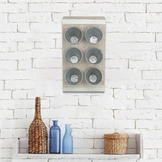 Set of Six Natural And Silver Metal And Wood 10 Ounce Wall Planters With Stand
