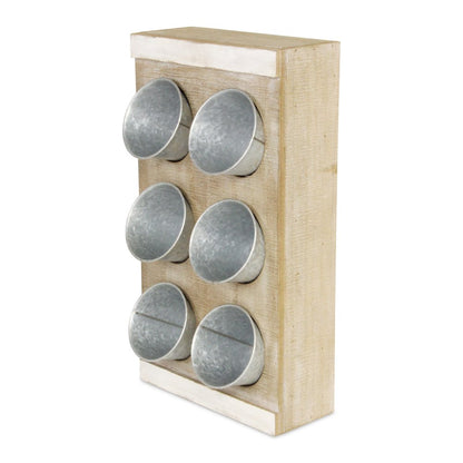 Set of Six Natural And Silver Metal And Wood 10 Ounce Wall Planters With Stand