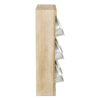 Set of Six Natural And Silver Metal And Wood 10 Ounce Wall Planters With Stand