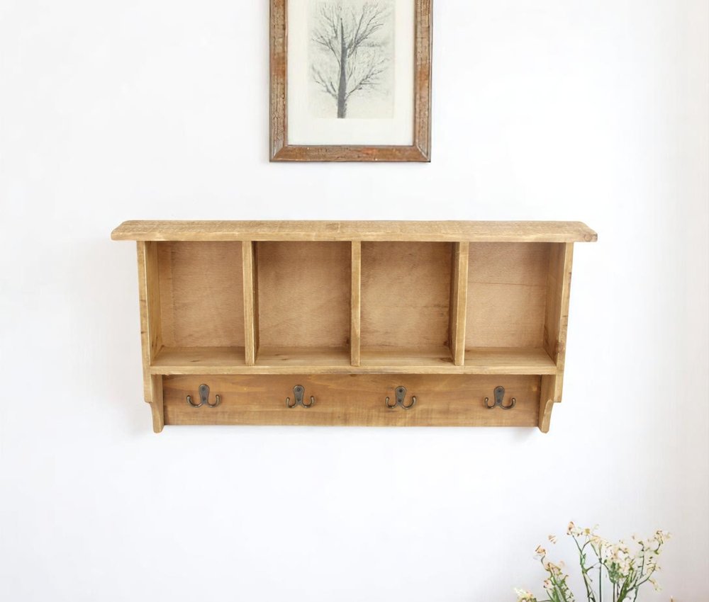 Perchero de pared de madera natural de 30" con cuatro ganchos