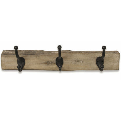 Perchero de pared de madera rústica natural marrón de 19" con tres ganchos y borde vivo
