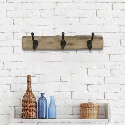 Perchero de pared de madera rústica natural marrón de 19" con tres ganchos y borde vivo