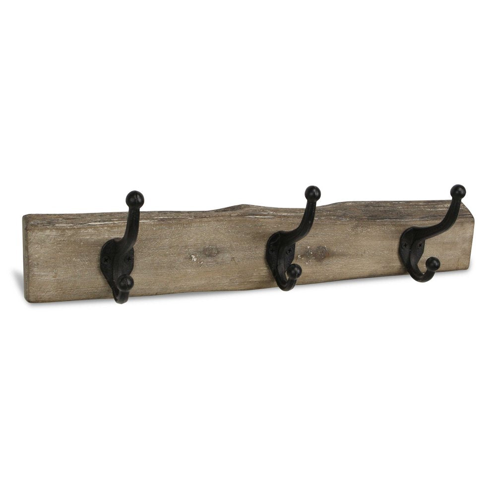 Perchero de pared de madera rústica natural marrón de 19" con tres ganchos y borde vivo