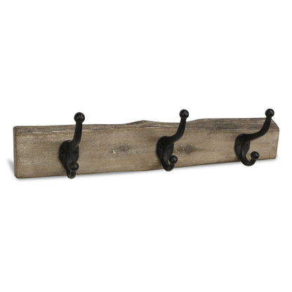 Perchero de pared de madera rústica natural marrón de 19" con tres ganchos y borde vivo