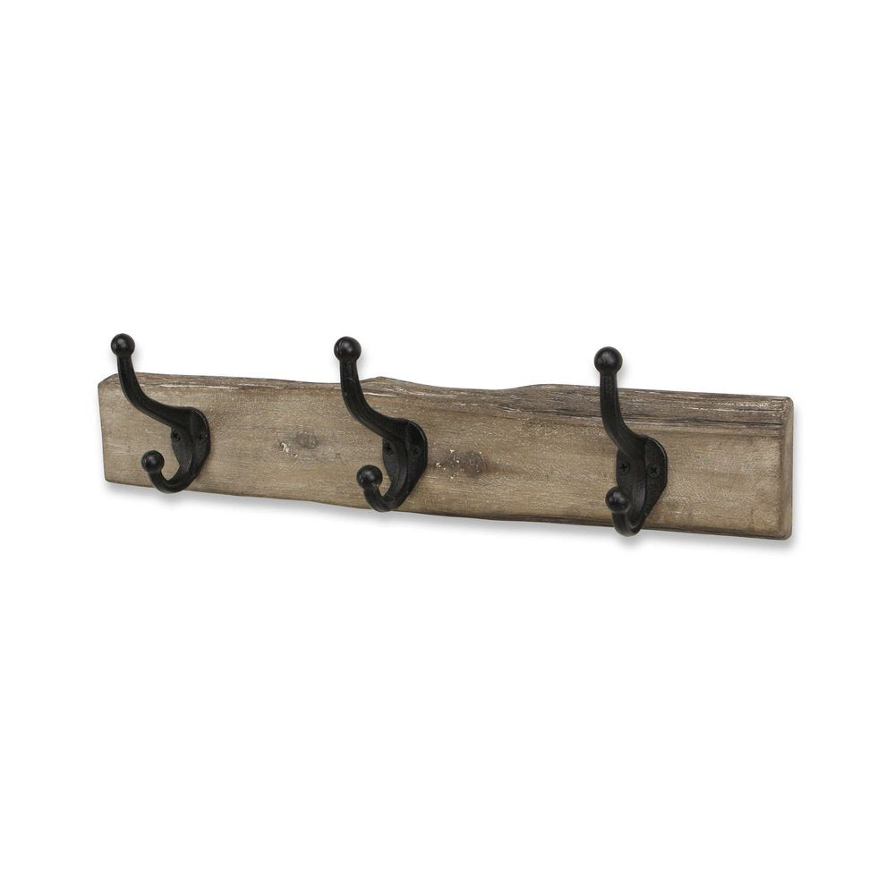 Perchero de pared de madera rústica natural marrón de 19" con tres ganchos y borde vivo