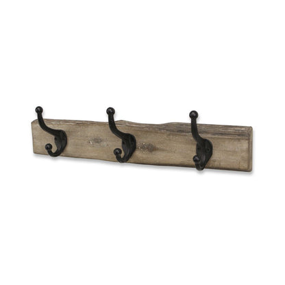 Perchero de pared de madera rústica natural marrón de 19" con tres ganchos y borde vivo