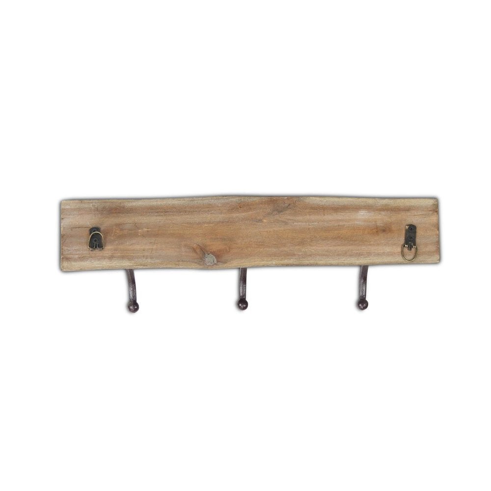 Perchero de pared de madera rústica natural marrón de 19" con tres ganchos y borde vivo