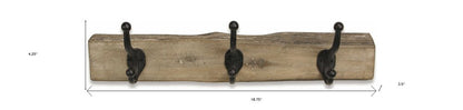 Perchero de pared de madera rústica natural marrón de 19" con tres ganchos y borde vivo