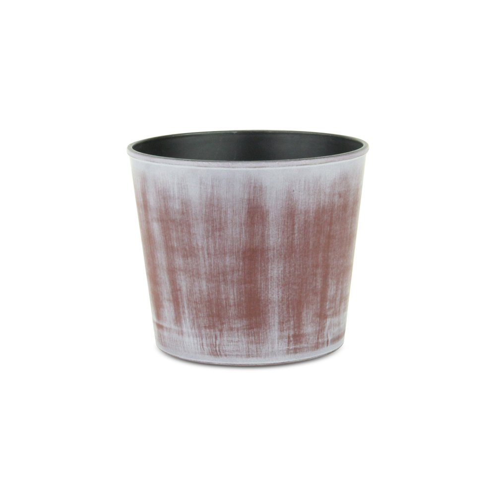 Maceta redonda de plástico reciclado de 15 cm, con textura en tonos marrones y marfil, para interior y exterior.