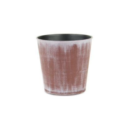 Maceta redonda de 5" de plástico reciclado, con textura en tonos marrón y blanquecino, para interior y exterior.
