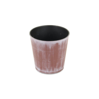 Maceta redonda de 5" de plástico reciclado, con textura en tonos marrón y blanquecino, para interior y exterior.