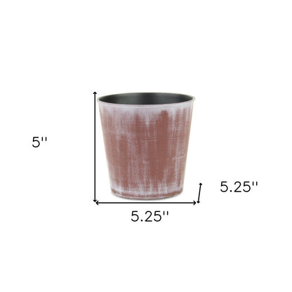 Maceta redonda de 5" de plástico reciclado, con textura en tonos marrón y blanquecino, para interior y exterior.