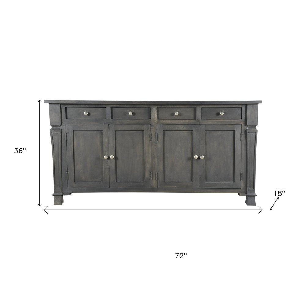 72" Dark Gray Solid Wood Four Drawer Sideboard with Four Doors
