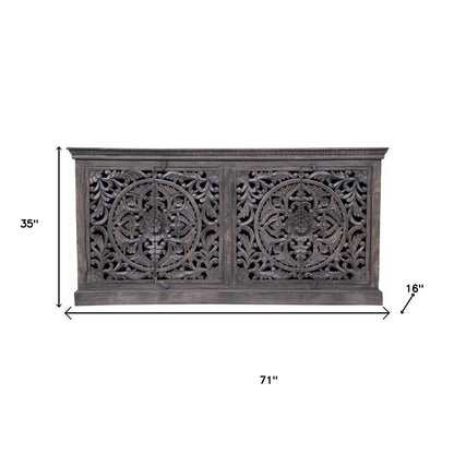 71" Gray Distressed Solid Wood Carved Floral Sideboard with Four Doors