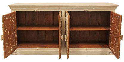 71" Beige Distressed Solid Wood Carved Scrollwork Sideboard with Four Doors