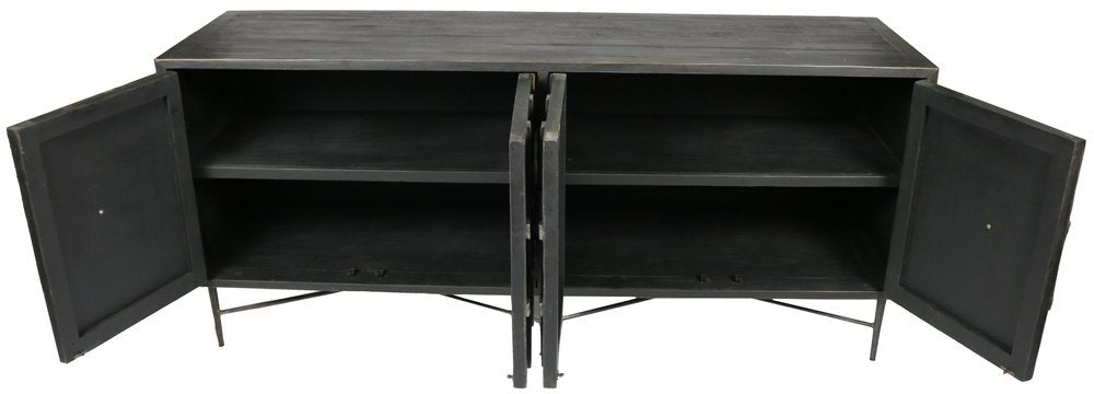 71" Brown Distressed Solid Wood Carved Geometric Sideboard with Four Doors