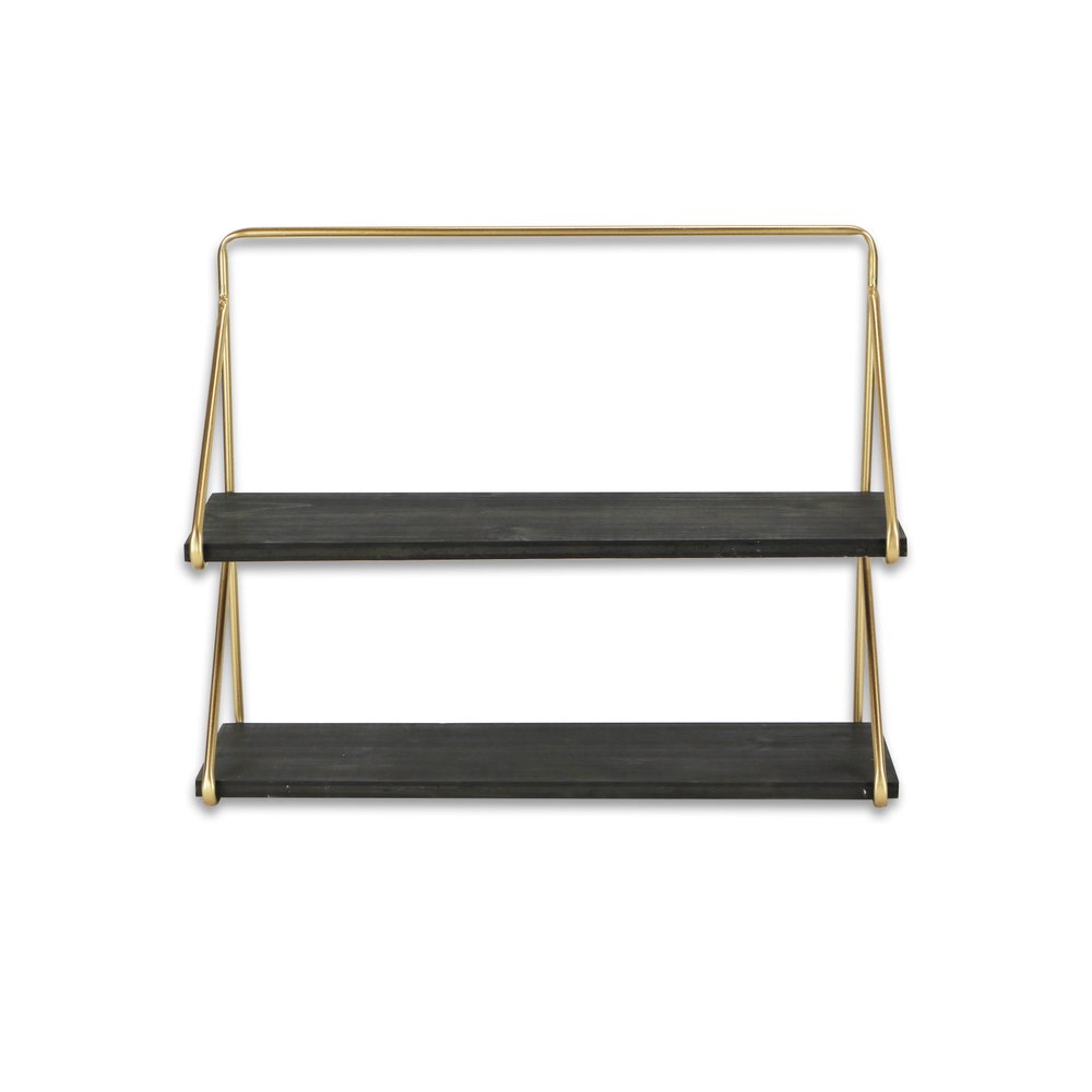 21" Dark Gray And Gold Metal And Wood Wall Mounted Tiered Shelf