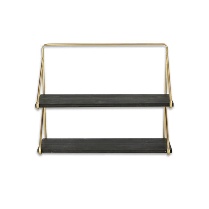 21" Dark Gray And Gold Metal And Wood Wall Mounted Tiered Shelf