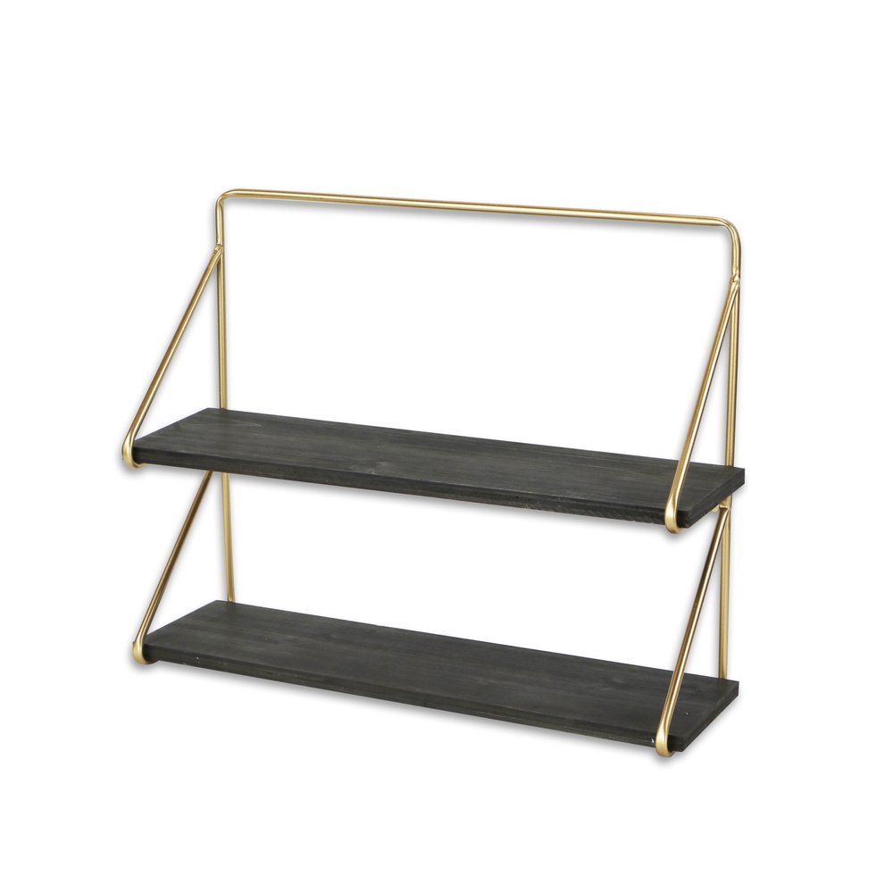 21" Dark Gray And Gold Metal And Wood Wall Mounted Tiered Shelf