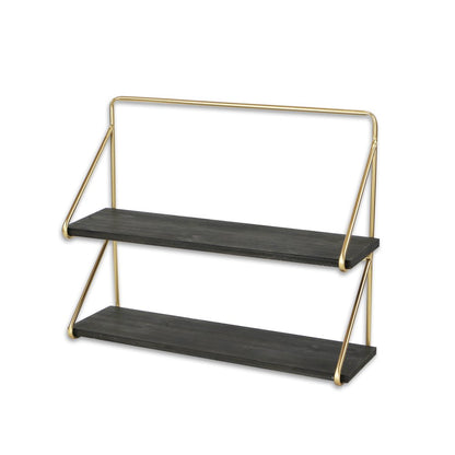 21" Dark Gray And Gold Metal And Wood Wall Mounted Tiered Shelf