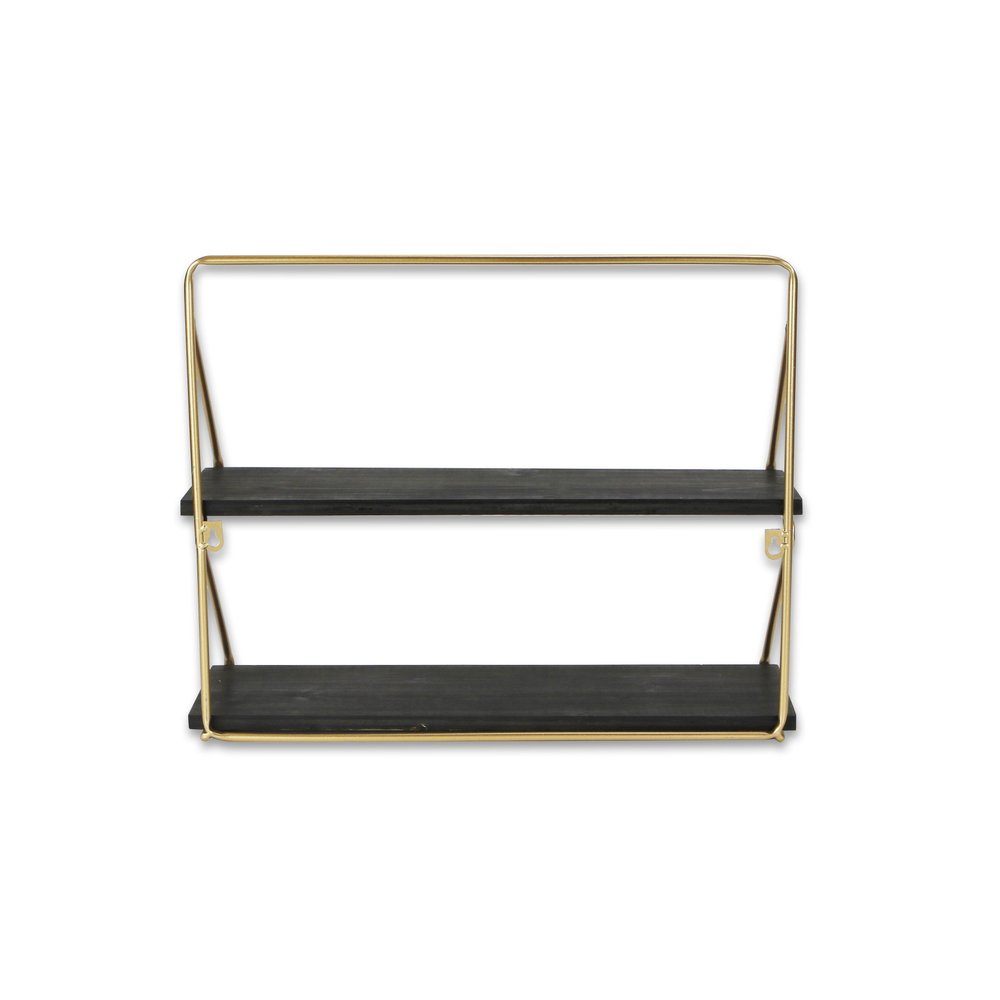 21" Dark Gray And Gold Metal And Wood Wall Mounted Tiered Shelf