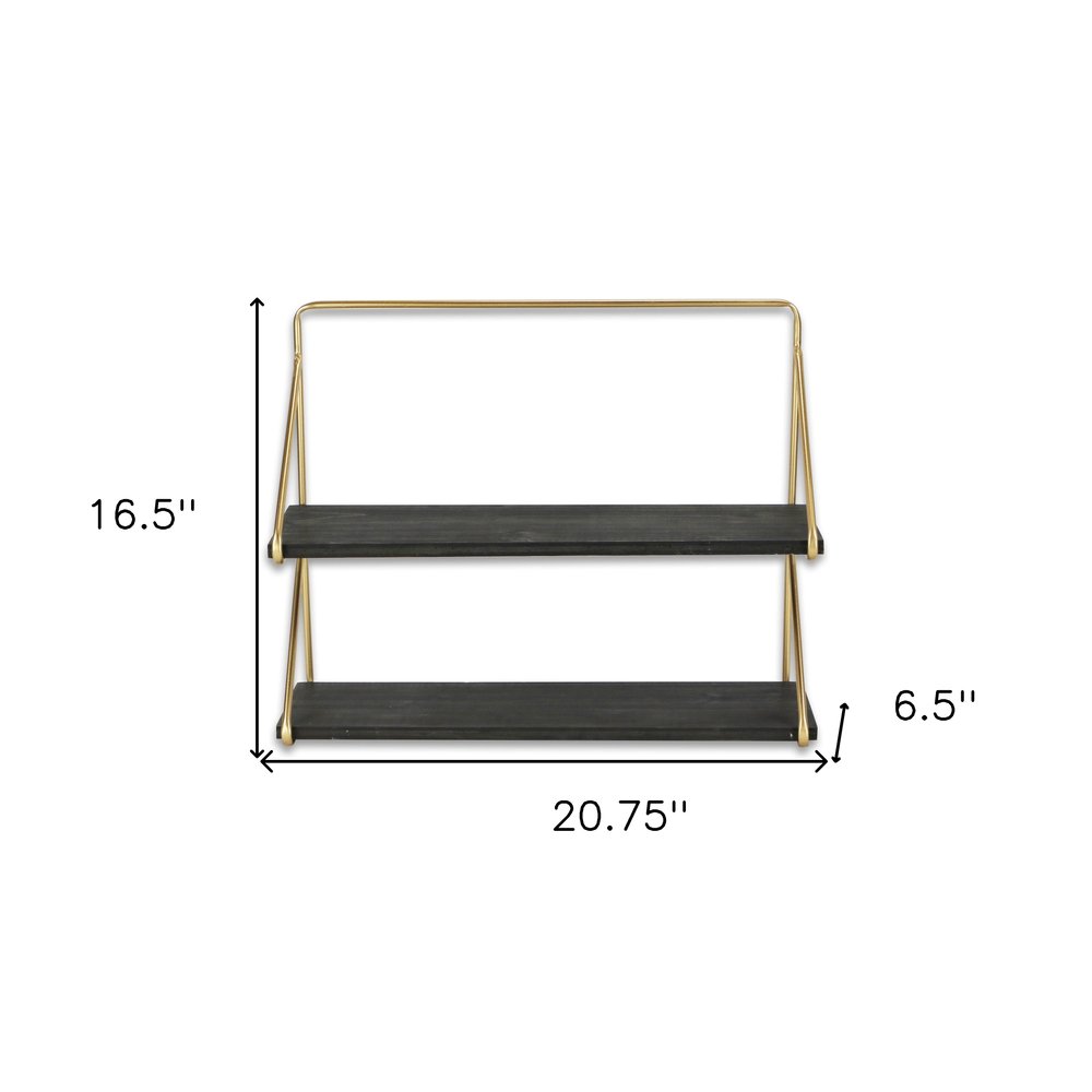 21" Dark Gray And Gold Metal And Wood Wall Mounted Tiered Shelf