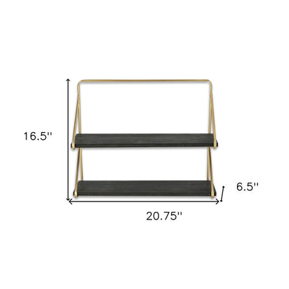 21" Dark Gray And Gold Metal And Wood Wall Mounted Tiered Shelf