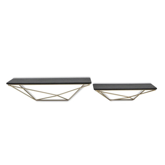Juego de dos estantes de pared modernos de madera y metal, en negro y dorado.
