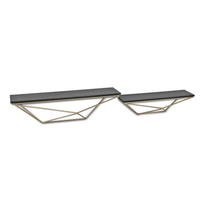 Juego de dos estantes de pared modernos de madera y metal, en negro y dorado.