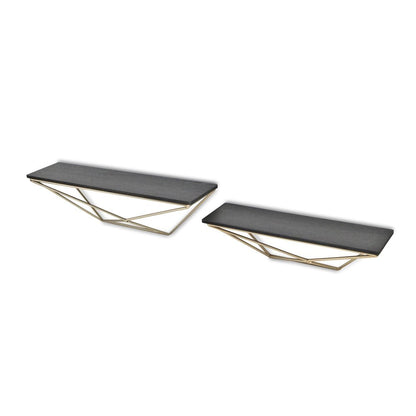 Juego de dos estantes de pared modernos de madera y metal, en negro y dorado.