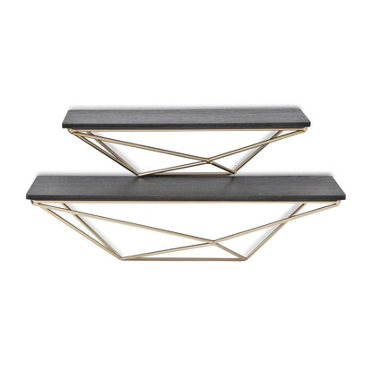 Juego de dos estantes de pared modernos de madera y metal, en negro y dorado.