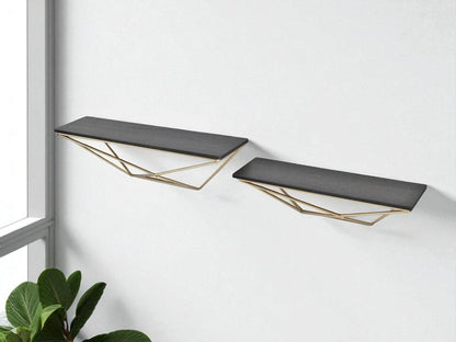 Juego de dos estantes de pared modernos de madera y metal, en negro y dorado.