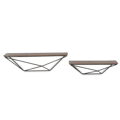 Set Of Two Black And Brown Wood And Metal Wall Mounted Accent Shelf
