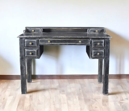 Escritorio de madera maciza negra de 46" con siete cajones