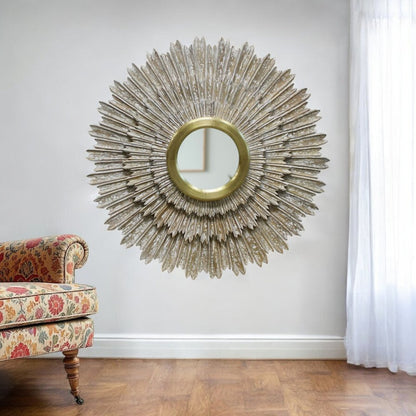 44" Antiqued Gold Sunburst Wood and Metal Framed Accent Mirror