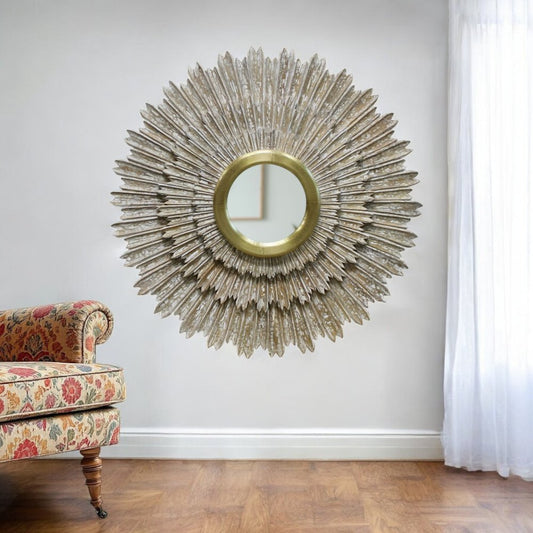44" Antiqued Gold Sunburst Wood and Metal Framed Accent Mirror