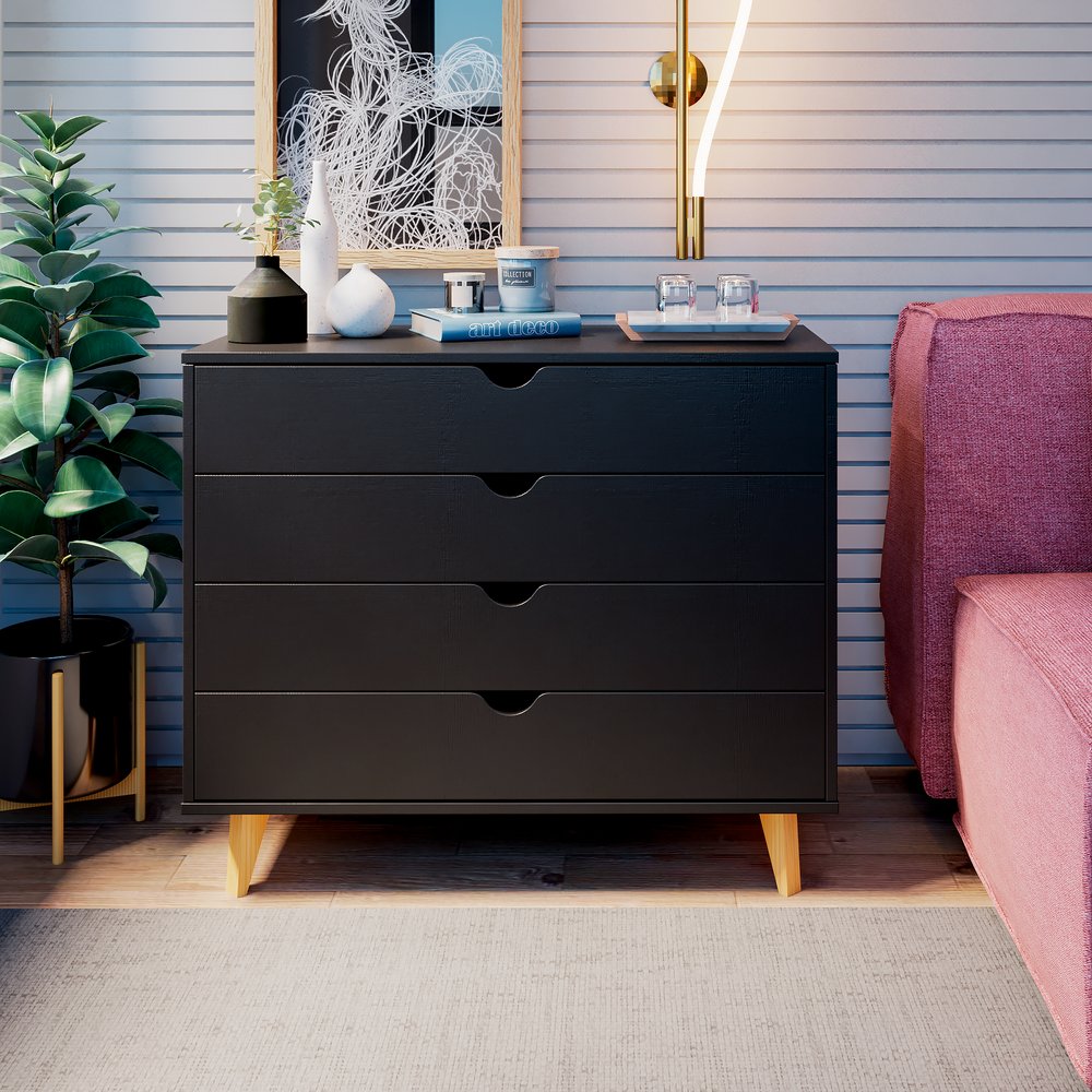 Cómoda de 35" con cuatro cajones en madera natural y negra